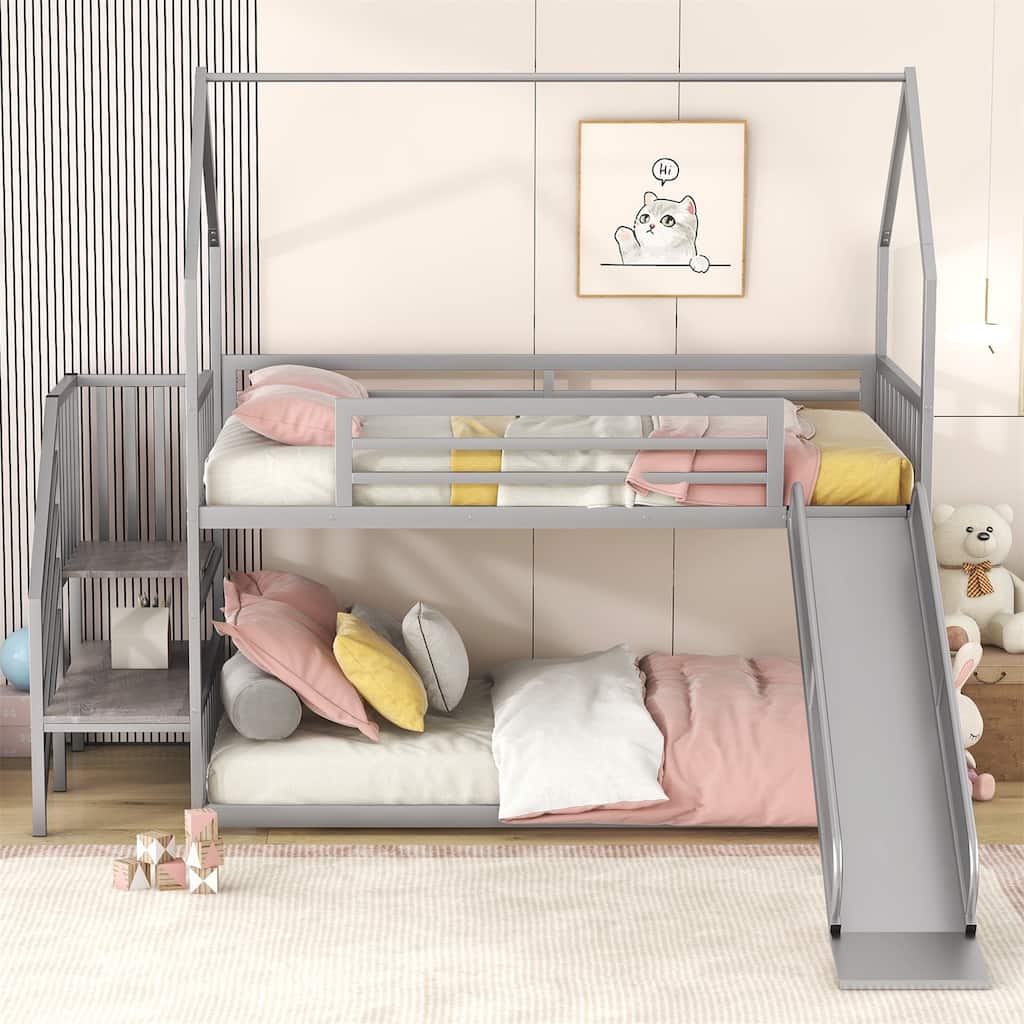 Twin over Twin Metal Bunk Bed House Bed with Slide and Staircase in Silver