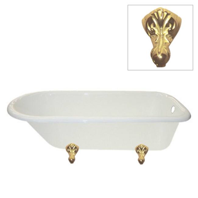 Kingston Brass 67" Free Standing Cast Iron Soaking Tub with Right - White / Polished Brass Feet