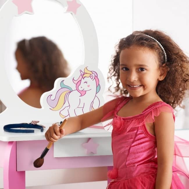 Kids Wooden Makeup Dressing Table and Chair Set with Mirror and Drawer - 19" x 14" x 35" (L x W x H)