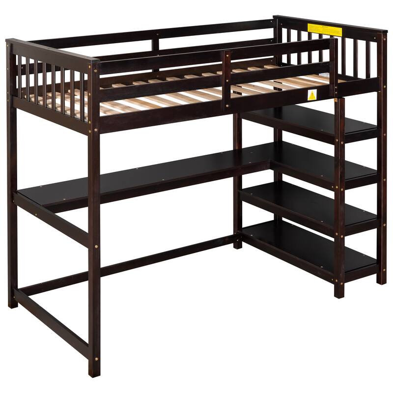 Full/Twin Size Loft Bed with Under-bed Desk & Storage Shelves, Space-Saving Design, Solid Pine Frame, No Box Spring Required
