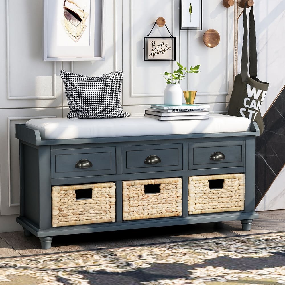Rustic Storage Shoes Bench with 3 Drawers and 3 Rattan Baskets