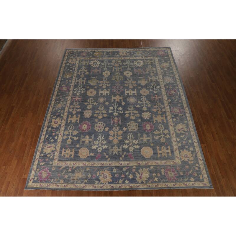 Hand Knotted Oriental 100% Wool Carpet Transitional All-Over Navy Blue & Blues Oushak Area Rug - 11' 11'' X 9' 3''