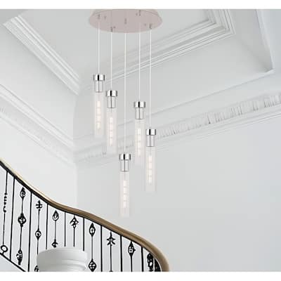 5-Light Cluster Chandelier with Clear Ribbed Glass Shades - N/A