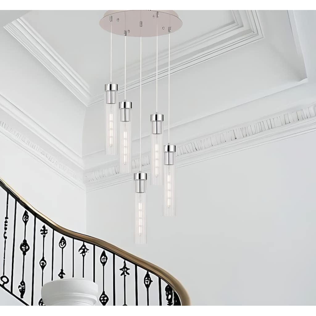 5-Light Cluster Chandelier with Clear Ribbed Glass Shades