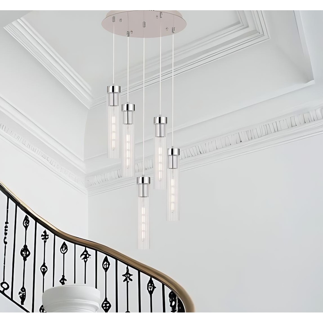 5-Light Cluster Chandelier with Clear Ribbed Glass Shades