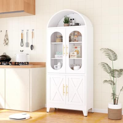 73" H Metal Tall Arched Kitchen Pantry Cabinet with Glass Door