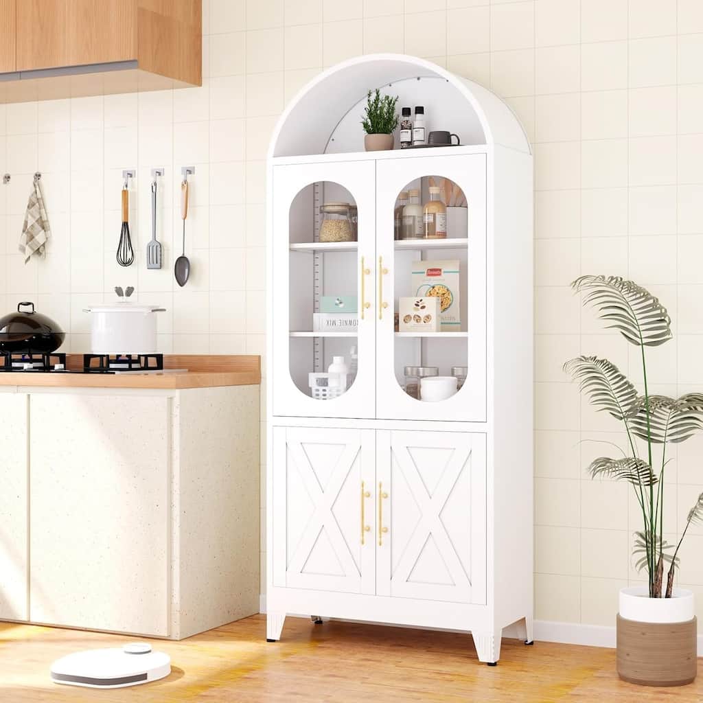 73" H Metal Tall Arched Kitchen Pantry Cabinet with Glass Door