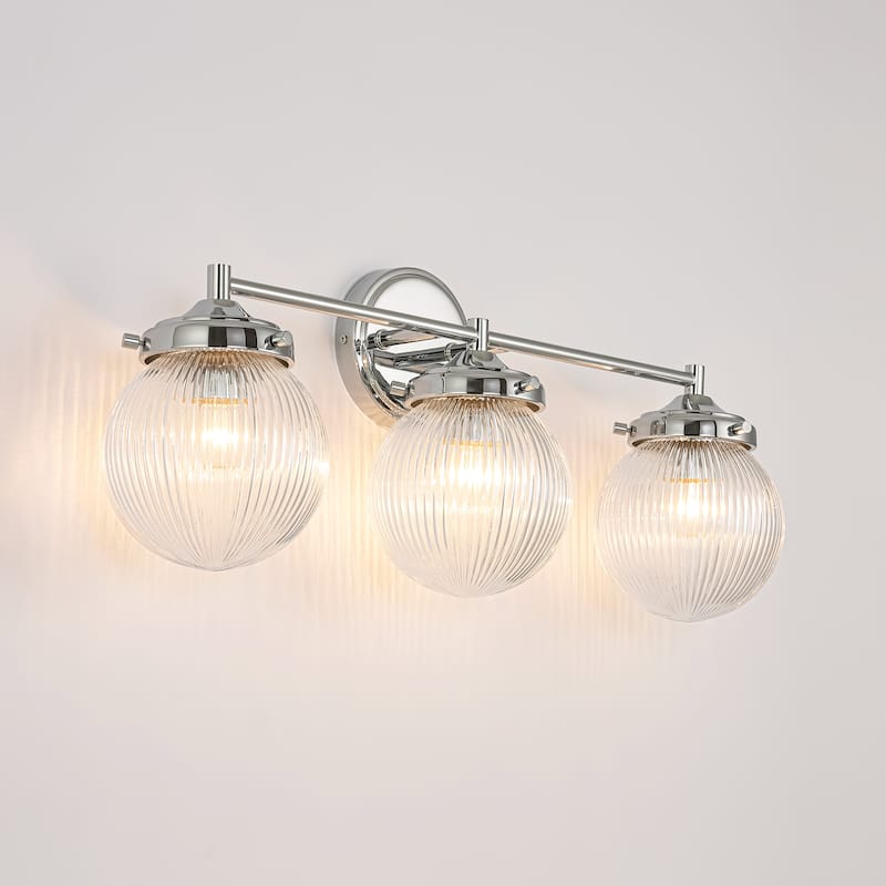 3-Light Modern Linear Ribbed Clear Glass Globe Bubble Bathroom Vanity Light over Mirror - 24.4 in. W x 9.6 in. H x 6.6 in. D