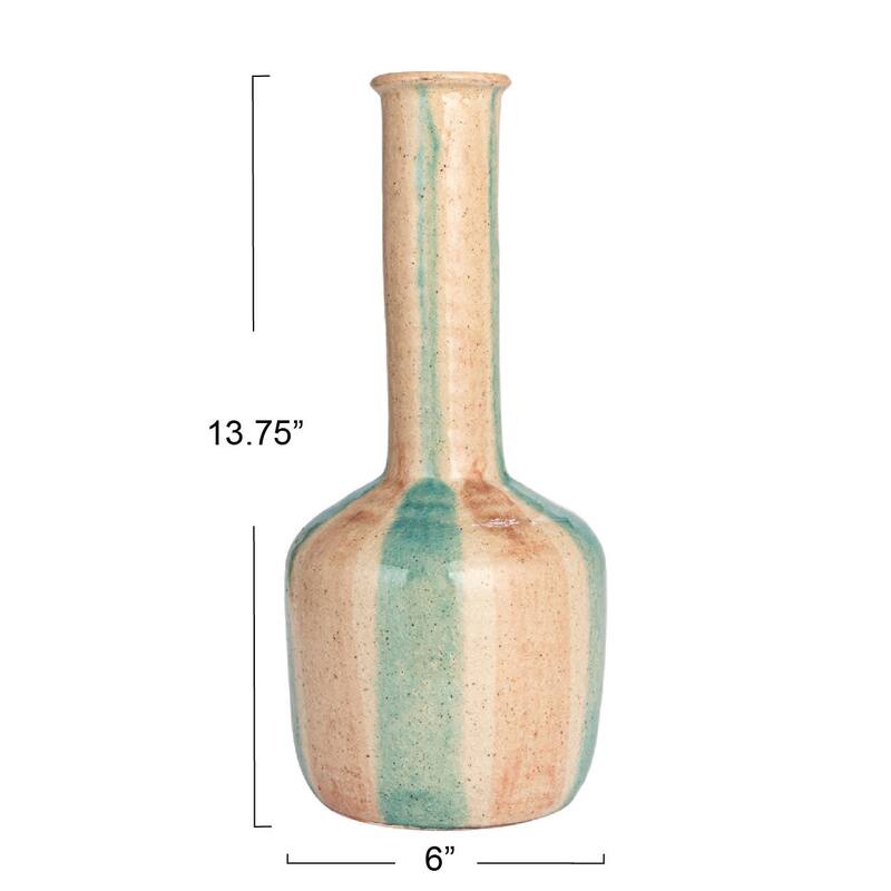 Hand-Painted Terra-cotta Vase with Tall Neck and Crackle Glaze