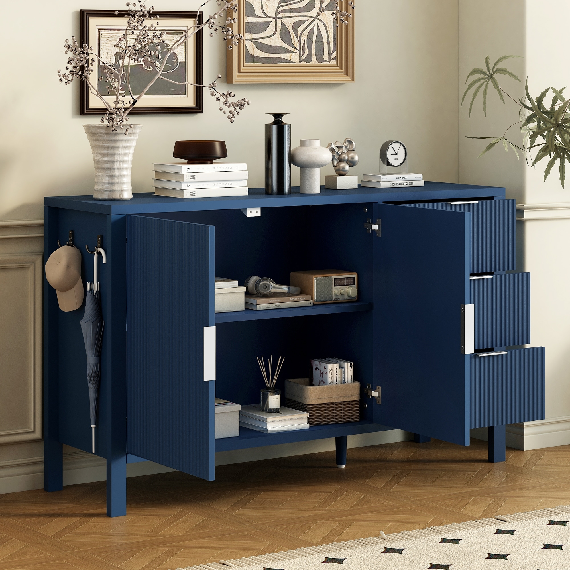 Modern Wave-Pattern Sideboard With Three Drawers, Hooks And Extra Center Leg