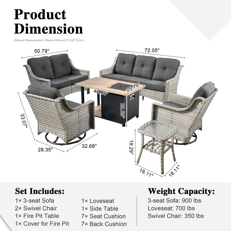 XIZZI 6-piece Outdoor High-back Furniture Swivel Chair Set with Fire Pit