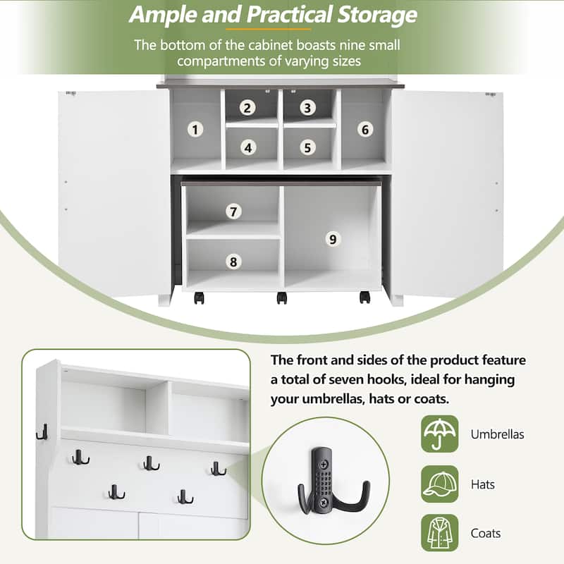4-in-1 Entryway Coat Rack with Barn Doors,7 Hanging Hooks,Shoe Storage