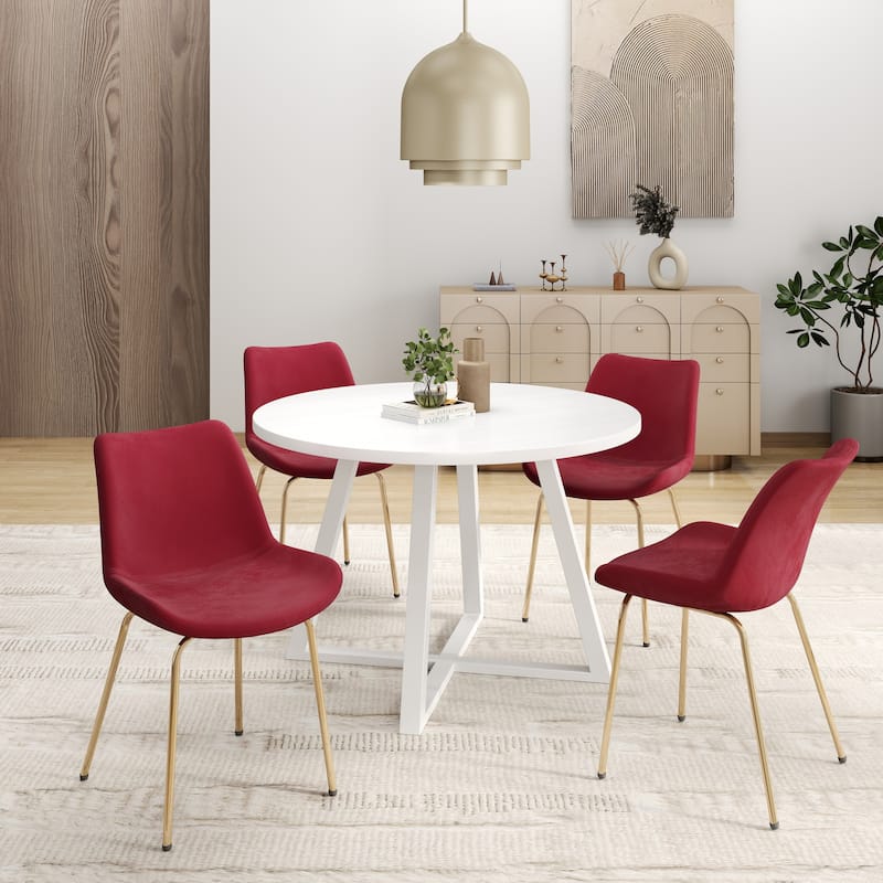 Modern Style Dining Set with Round Dining Table and Velvet Upholstered Chairs - 5-Piece Sets - White+Red