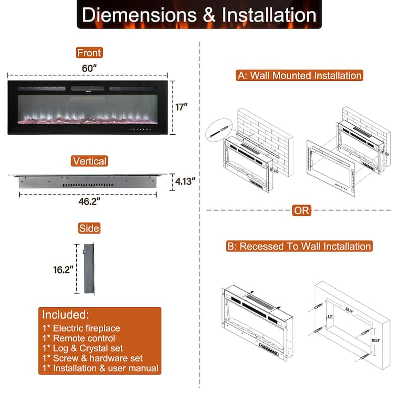 Clihome 60" Built-in and Wall-Mounted Recessed Electric Fireplace - 60 in.