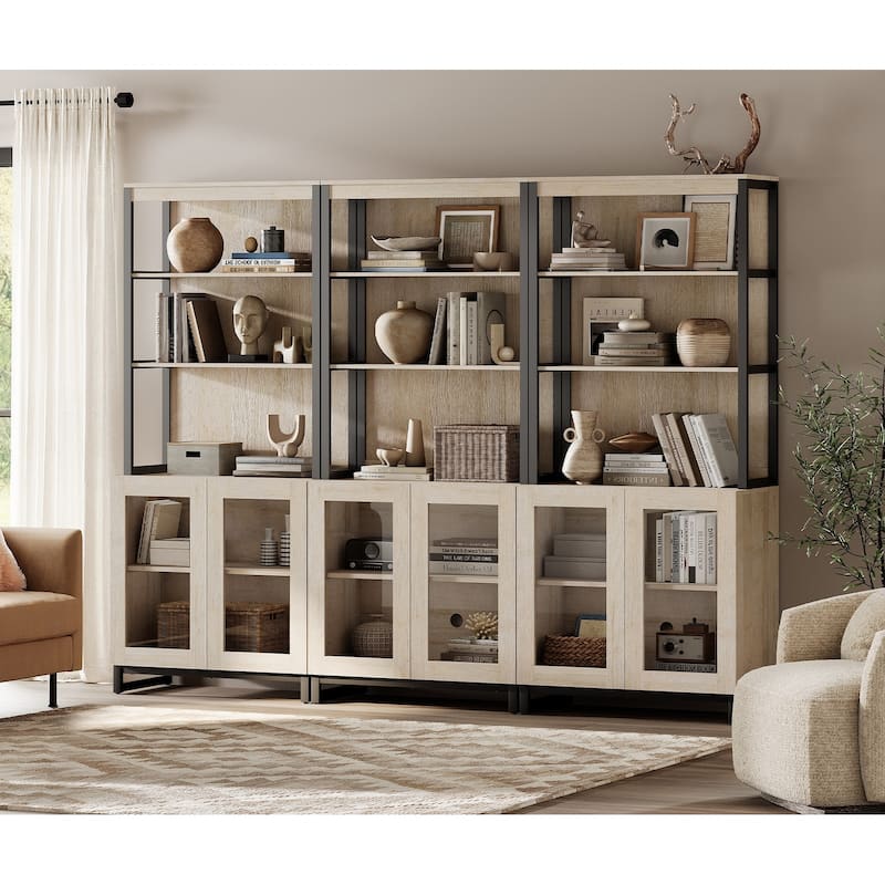 3 PCS Modern 72" Tall Bookcases with Glass Doors and Adjustable Shelves for Home Office, Living room. - 7'9" x 9'9" - beige