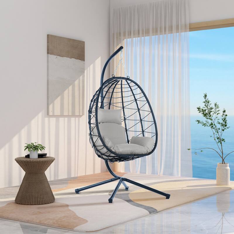 GDFStudio - Celeste Indoor Outdoor Swing Egg Chair with Stand for Relaxing Patio and Garden Lounging