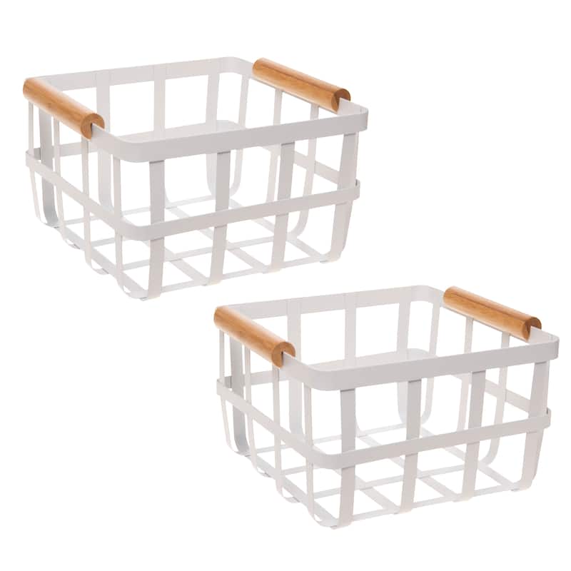 Simplify Square Metal Basket with Bamboo Handles.. - 2 Pack - White