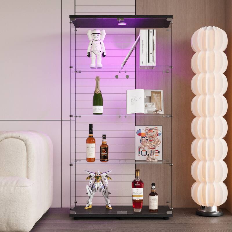 Two-door LED lights Glass Display Cabinet 4 Shelves with Door, Floor Standing Curio Bookshelf for Living Room