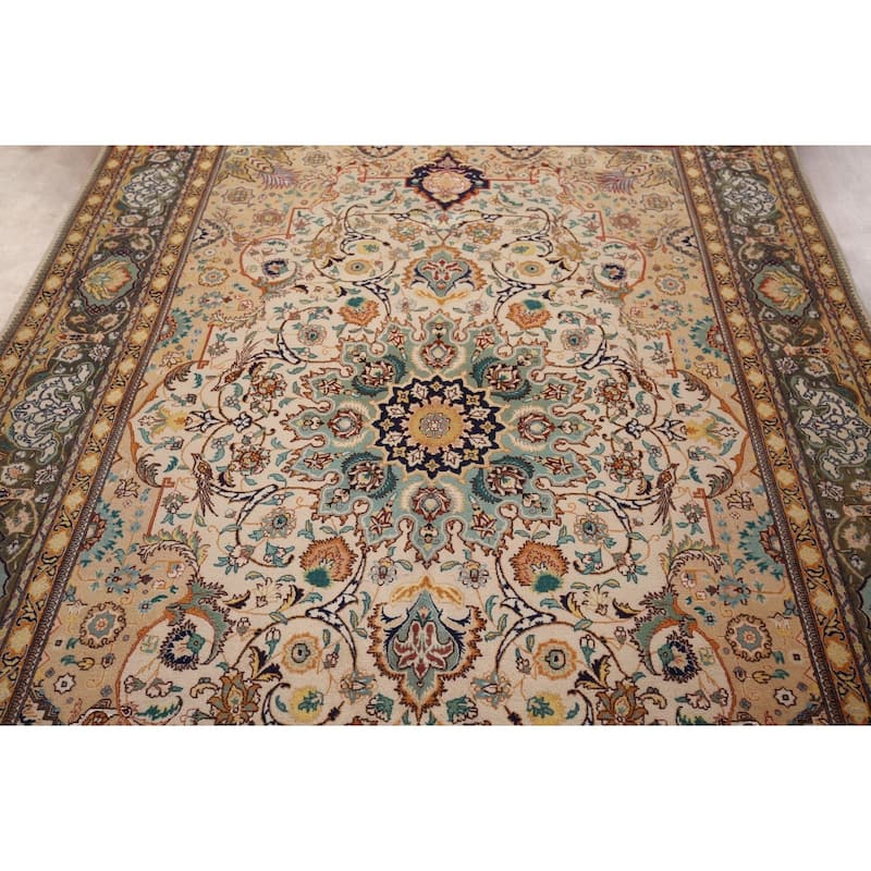 Hand Knotted Oriental 100% Wool Carpet Traditional Floral Beige & Ivories Tabriz Area Rug - 9' 2'' X 6' 3''
