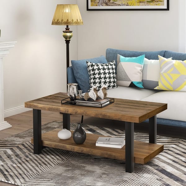 Rustic Natural Coffee Table With Storage Shelf For Living Room Overstock 30960524