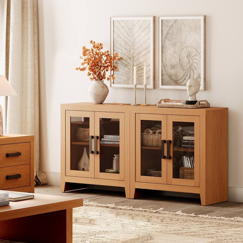 WAMPAT Modern Farmhouse Modular Buffet Cabinet, Glass Door Sideboard with Adjustable Shelves - 63 inches in width - Mocha