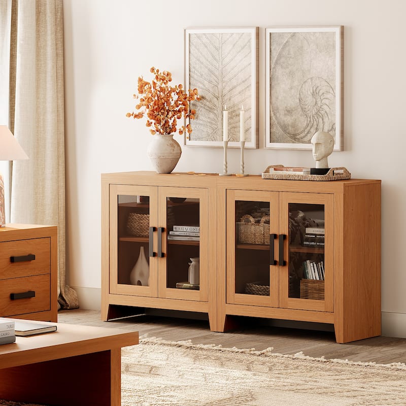 WAMPAT Modern Farmhouse TV Stand, Entertainment Center with Tempered Glass Doors & Adjustable Shelves - 63 inches in width - Mocha