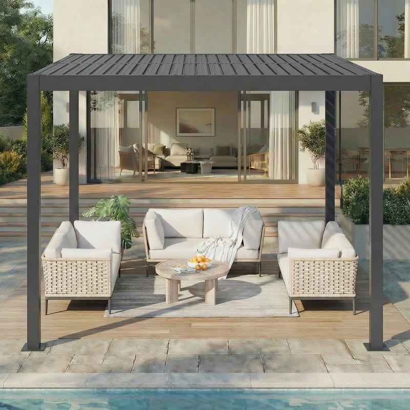 Outdoor Louvered Pergola with Optional Winter Cover – Adjustable Hardtop Gazebo, Steel Frame - 10x10 ft - Black