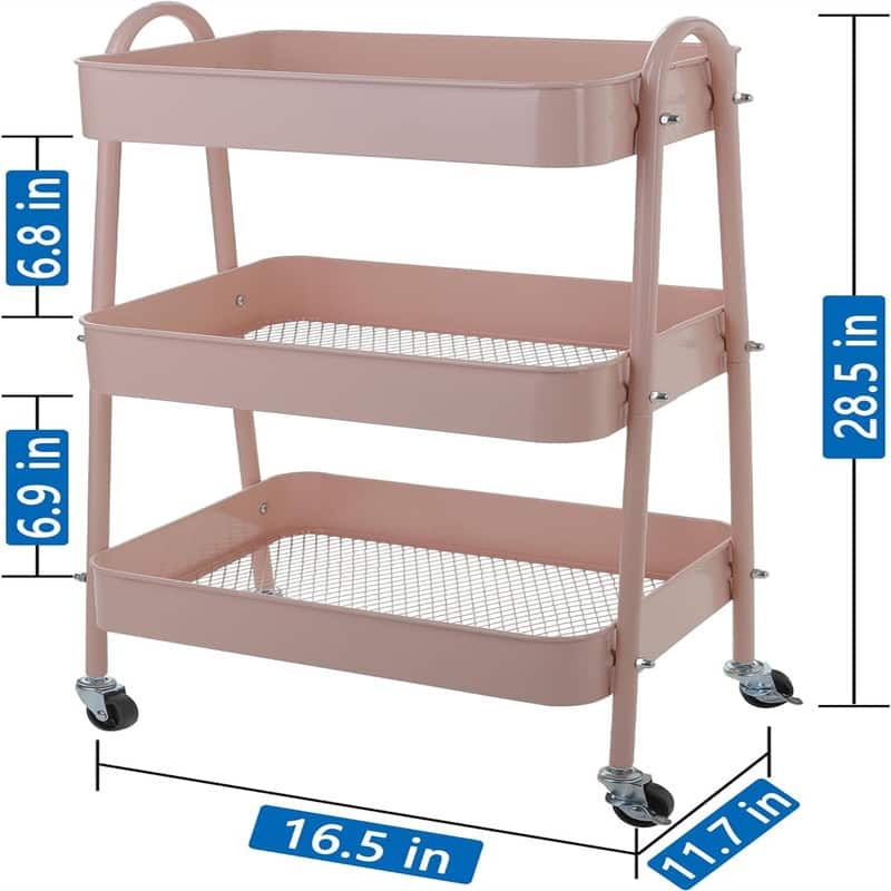 3-Tier Metal Rolling Utility Cart - 11.7"D x 16.5"W x 28.5"H