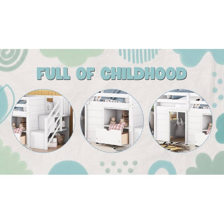 Kids Loft Bed Twin Size, Solid Wood Low Loft Bed Frame with Storage Stairs and Drawer, Modern Farmhouse Loft Bed for Boys Girls