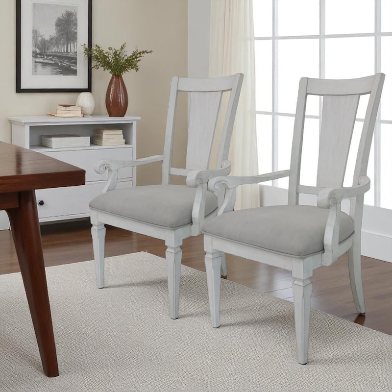 HomeRoots Set of Two Light Gray and White Upholstered Linen And Solid Wood Open Back Dining Arm Chairs - Set of 2 - 22.25 in. x 42.00 in.  x 23.63 in. - Light Gray