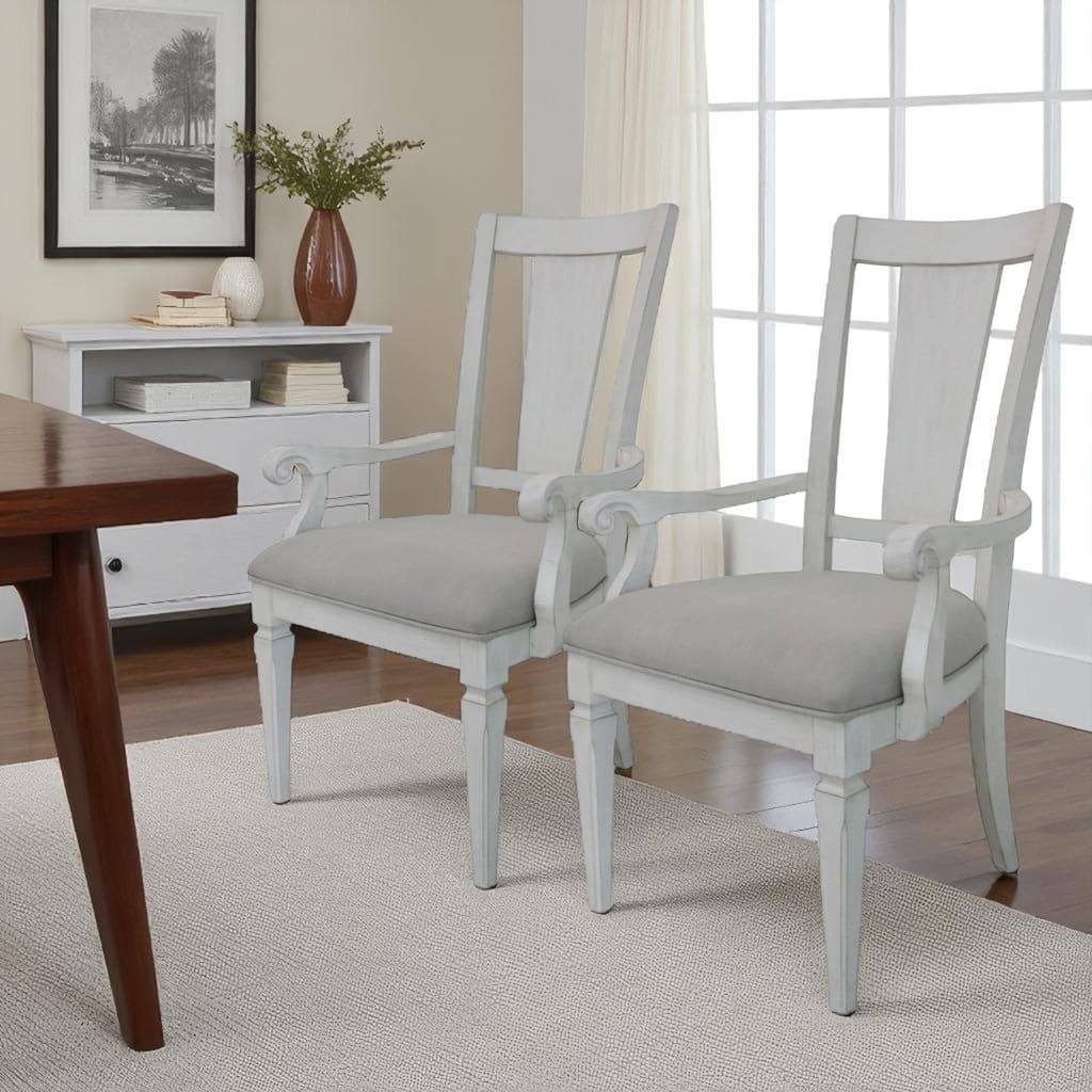 HomeRoots Set of Two Light Gray and White Upholstered Linen And Solid Wood Open Back Dining Arm Chairs