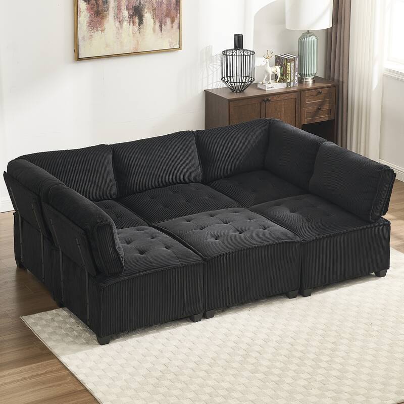 121.26" Corduroy Modular Sectional Sofa 6- Seat U Shaped Couch with Reversible Chaise and Ottoman