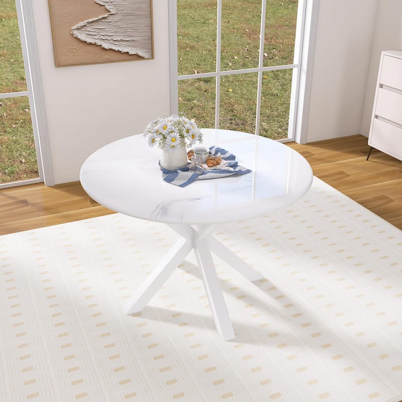 42 Inch Dining Table With Round Table Top and Steel Cross Legs - 29"H x 42"L x 42"W - Marble White