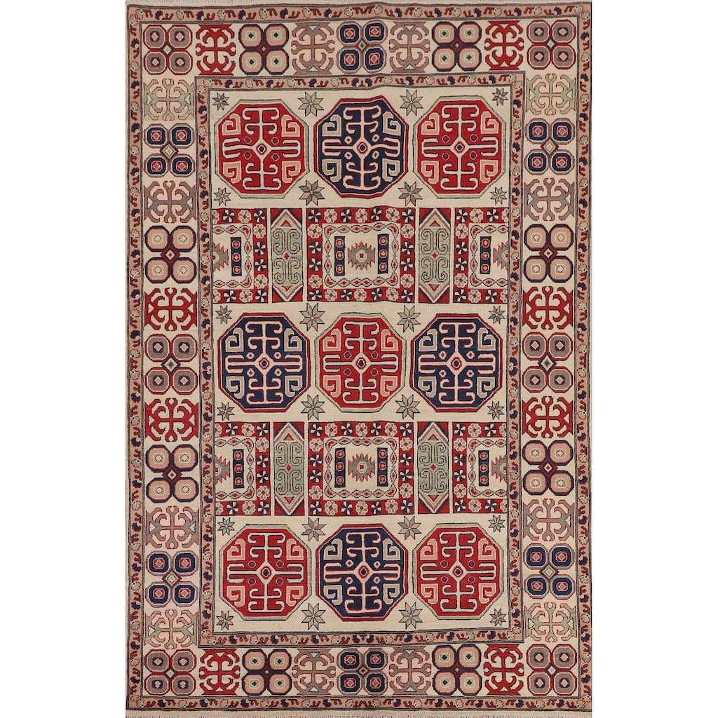 Geometric Kazak Area Rug Handmade Oriental Bedroom Wool Carpet - 6'6" x 9'7"