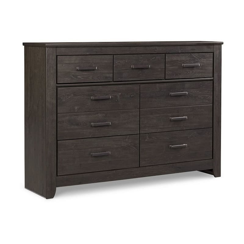 Brin 61 Inch Wide Dresser, 7 Drawers with Pewter Bar Handles, Gray Oak Wood