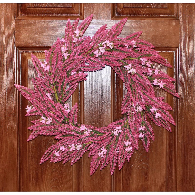 22" Heather Wreath w/ Pink Flowers on Natural Twig Base - 22