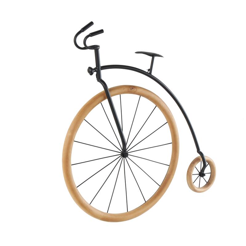 Black Metal Bike Home Wall Decor with Brown Wooden Wheels