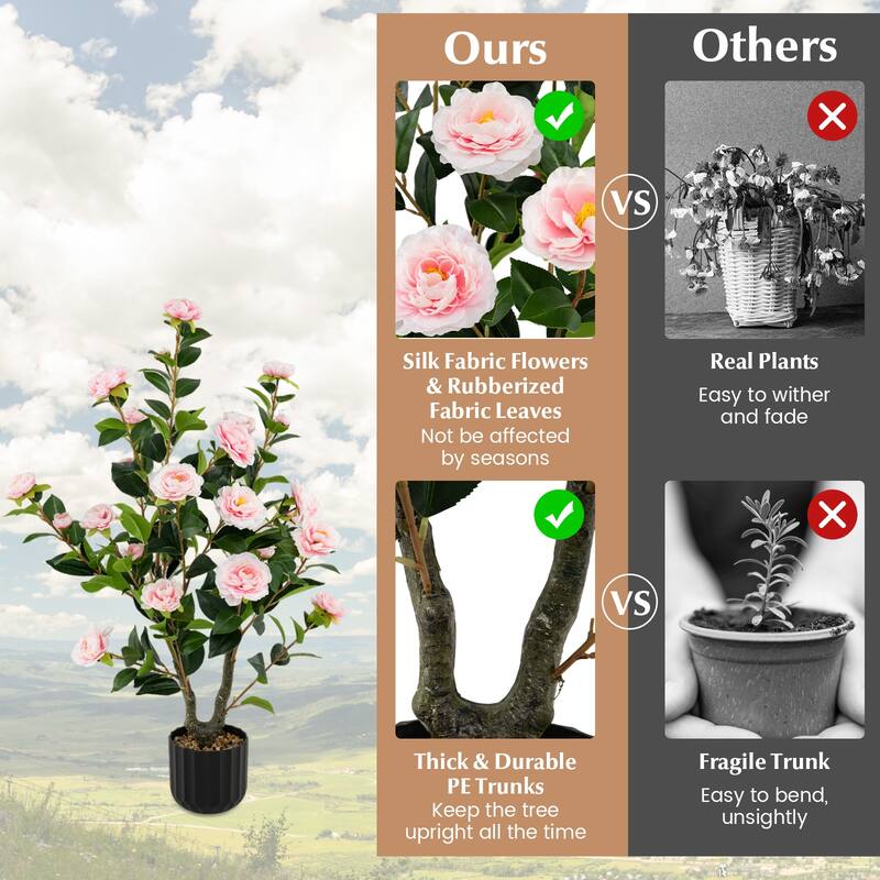 Gymax 2PCS 38'' Artificial Camellia Tree Faux Floral Plant Fake Tree