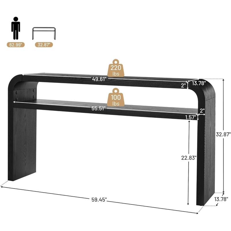 59.4" 2-Tier Curved Long Console Table with Solid Oak Wood Veneer - 59.45"L x 13.78"W x 32.87"H