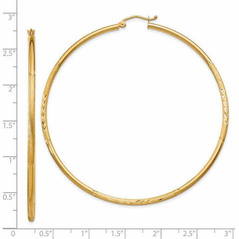 Curata 14k Yellow Gold Satin and Sparkle Cut 60x2mm Round Hoop Earrings