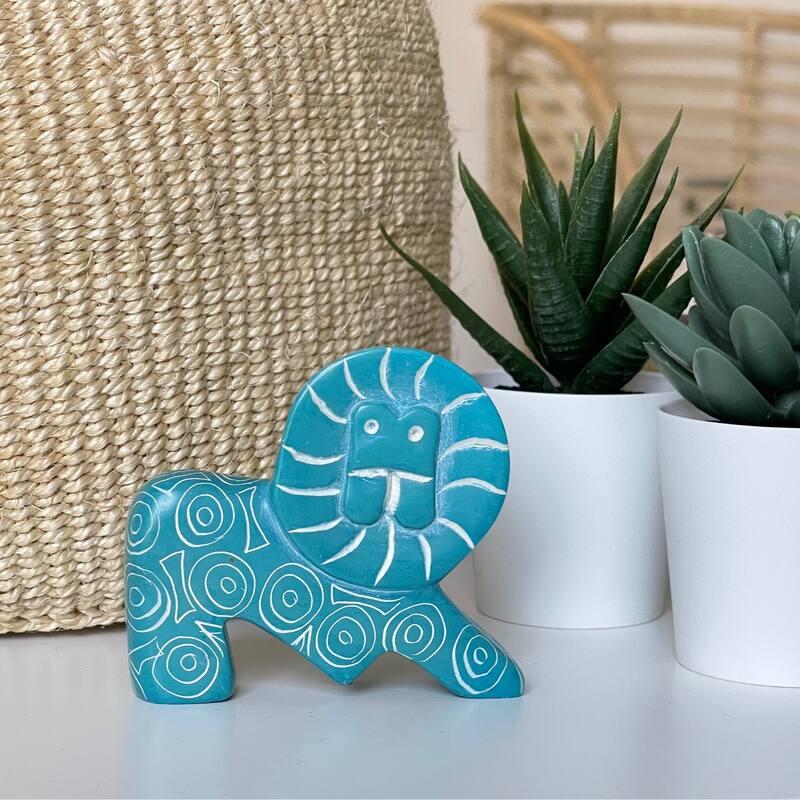 Small Soapstone Lion Figurine - Set of 3, Turquoise