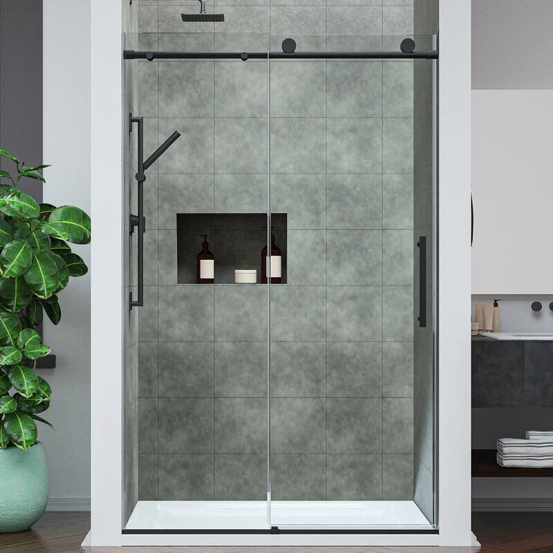 Mountain 48-inch Reversible Frameless Sliding Glass Shower Door with Soft-Close System - Matte Black