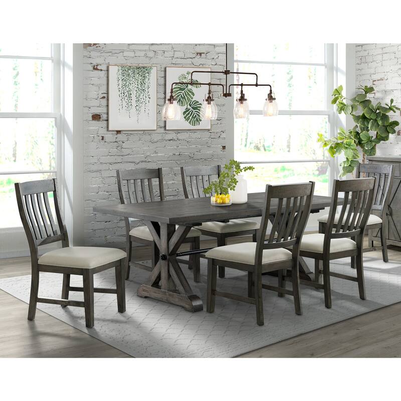 Extendable Dining Table Set - 7 Piece Rectangular Table & Chairs - Gray Wood Finish - Seats 8