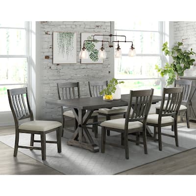 Extendable Dining Table Set - 7 Piece Rectangular Table & Chairs - Gray Wood Finish - Seats 8