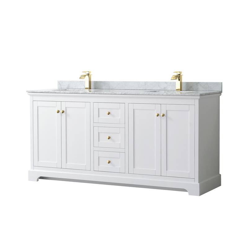 Wyndham Collection Avery 72" Free Standing Double Basin Vanity Set - White / White Carrara Marble Top / Brushed Gold - Painted