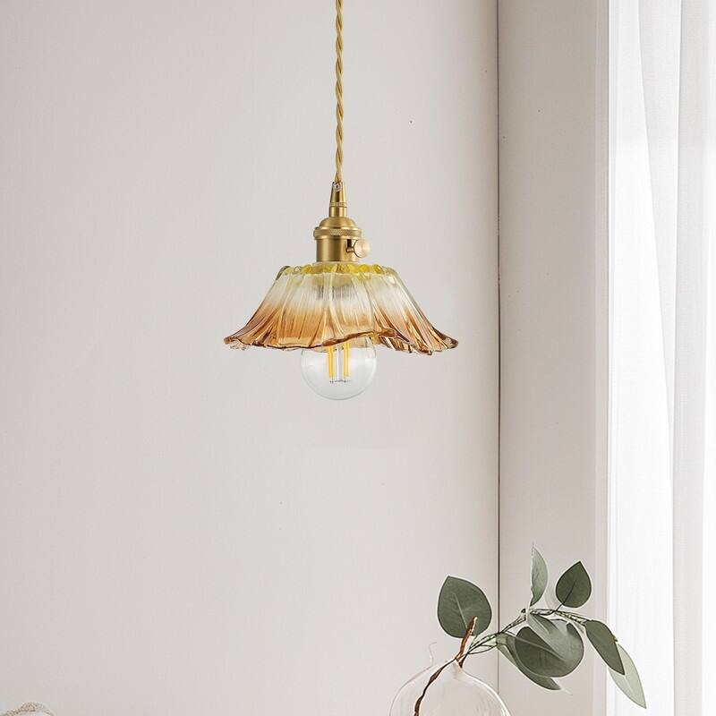 Modern 1 Light Gradient Amber Glass Pendant Light Electroplated Brass Ceiling Fixture