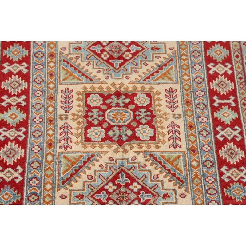 Geometric Beige Kazak Accent Rug Hand-Knotted Oriental Wool Carpet - 3'4" x 4'9"