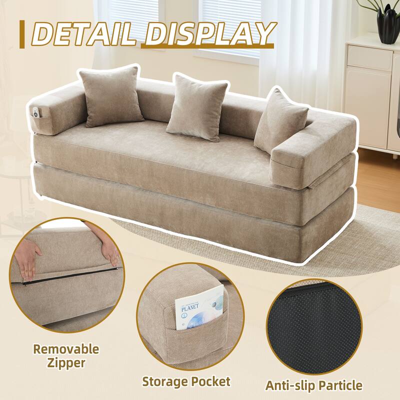 6-in-1 Folding Memory Foam Sleeper Sofa Bed Chenille Floor Chaise Lounge Couch with Side Pocket, Removable & Washable Cover