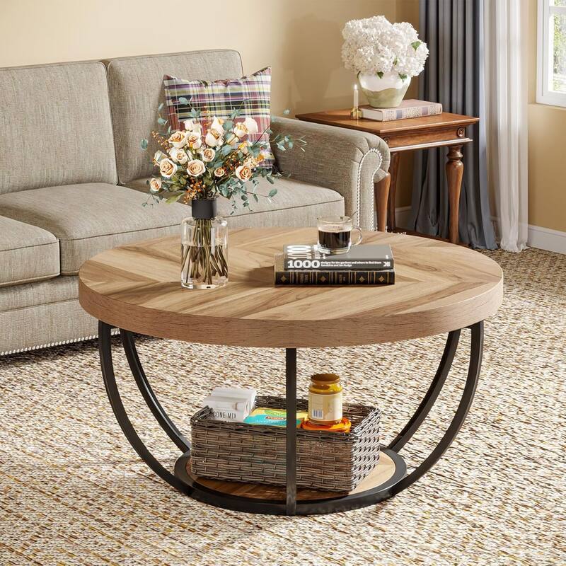 Round Coffee Table, 31.7"Circle Coffee Table for Living Room, Modern 2-Tier Wood Accent Center Table with Storage Open Shelves - Natural Wood