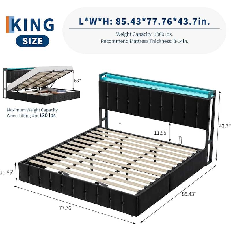 Bed Frame with Lift Up Storage and Charging Station